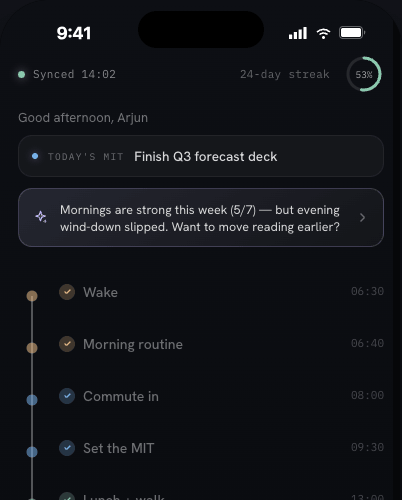 Today timeline screen in the Lyf OS app